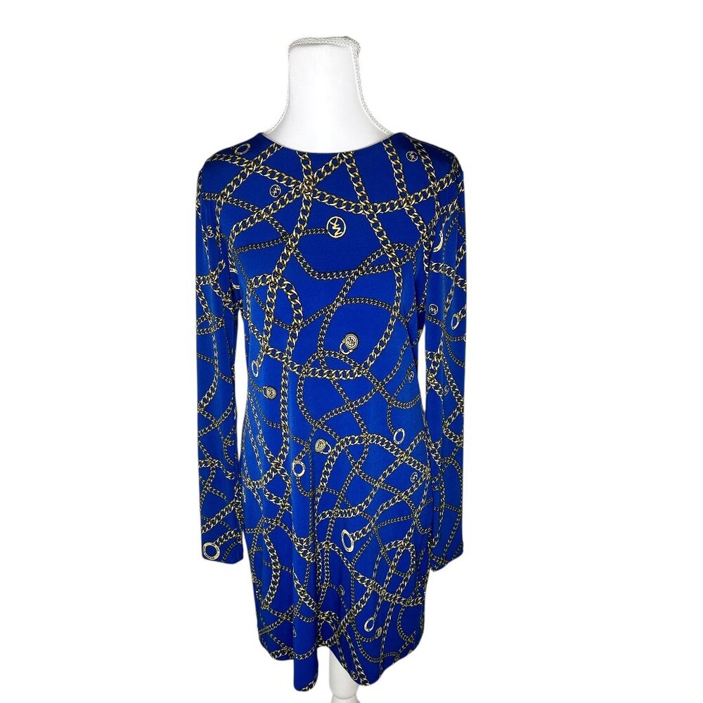 MICHAEL Michael Kors blue and gold‎ chain-print long-sleeve dress-Medium